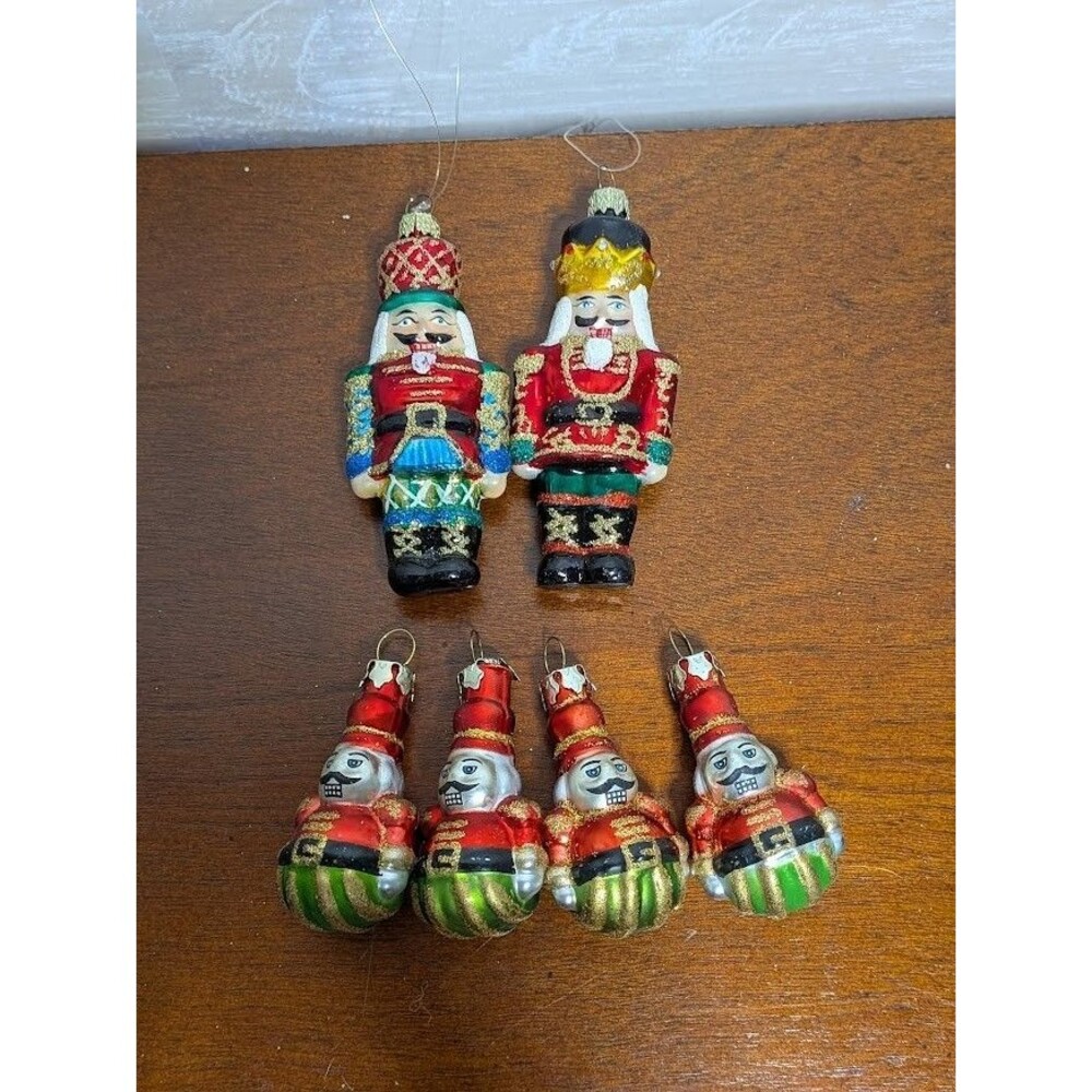 Lot 6 Nutcracker Glass Christmas Ornaments Traditional Red Green Gold Glitter